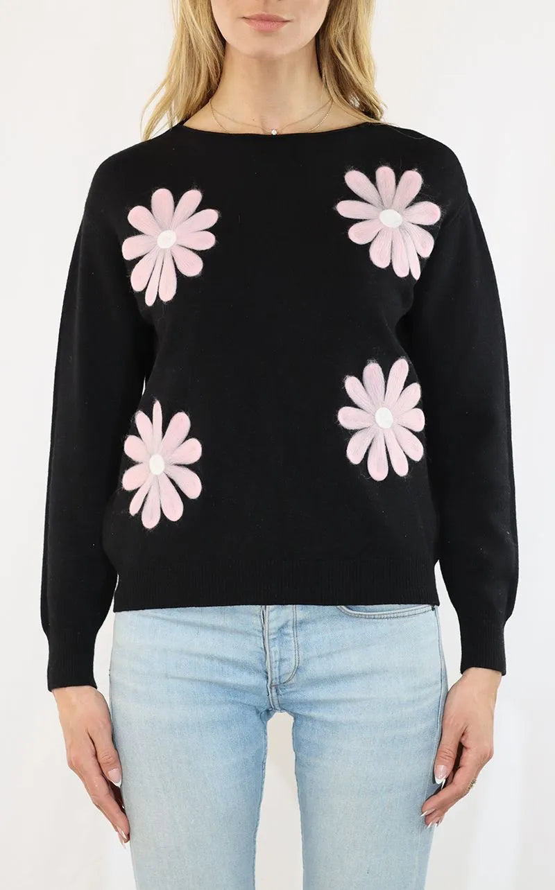 Black sweater with pink flowers