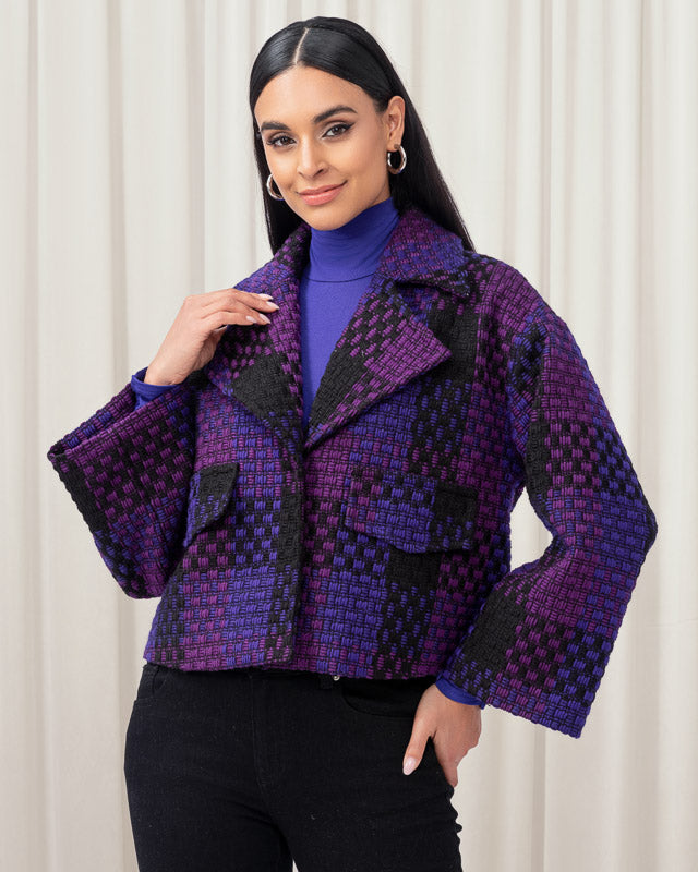 Elena Wang purple jacket